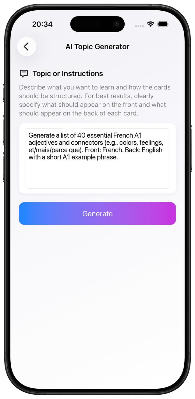 AI prompt for French A1 adjectives and connectors