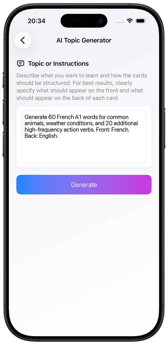 AI prompt for French A1 verbs and environment vocabulary