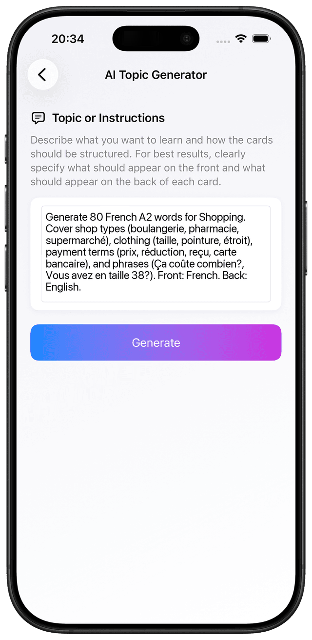 AI prompt for French A2 shopping money services vocabulary flashcards