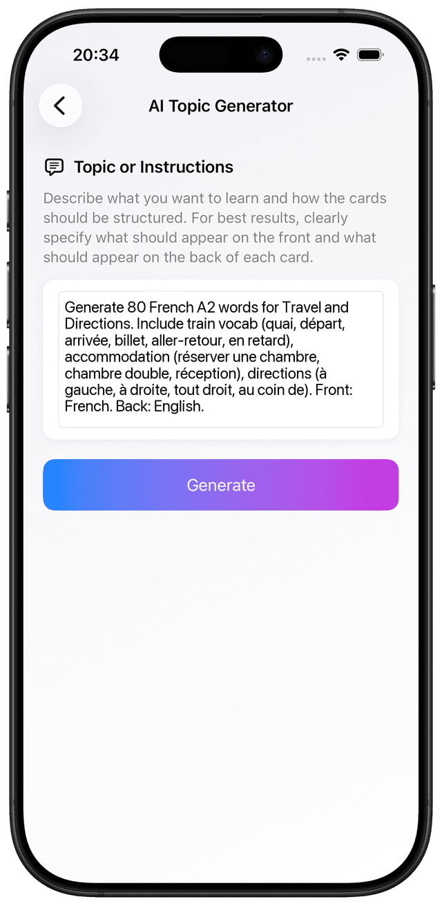 AI prompt for French A2 travel transport accommodation vocabulary