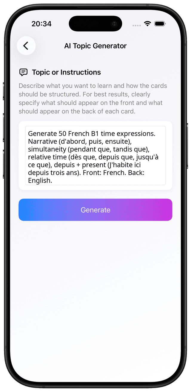 AI prompt for French B1 complex time expressions and narrative sequence vocabulary