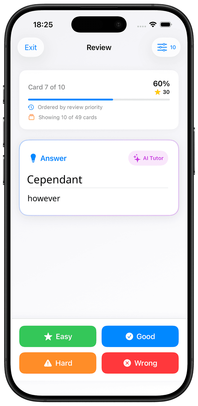 MindCards French C2 vocabulary study interface showing mastery-level flashcards
