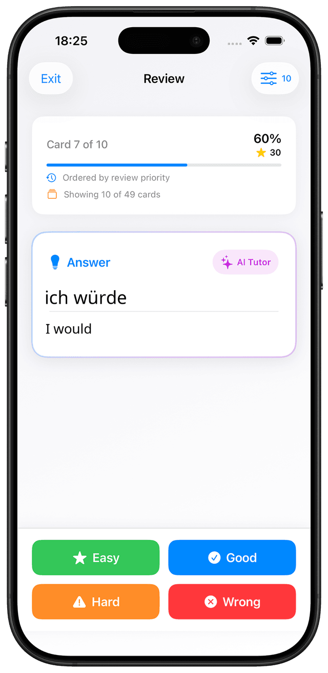MindCards German B1 vocabulary study interface showing Konjunktiv II flashcards