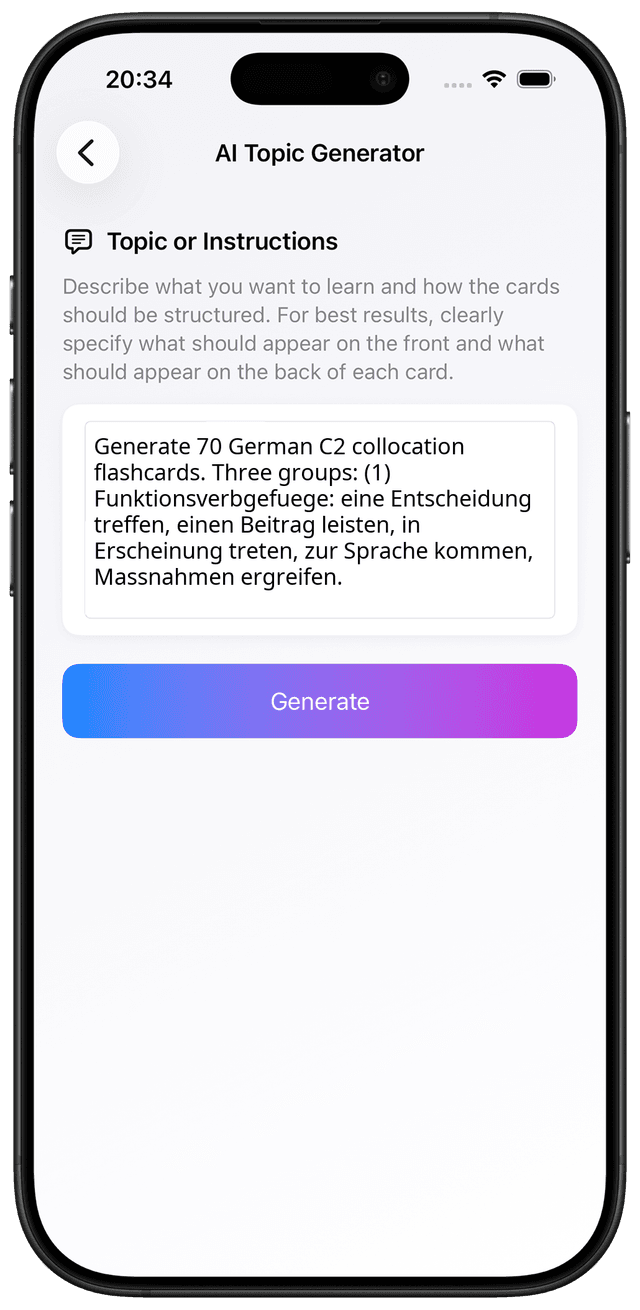 AI prompt for German C2 idiomatic collocations and fixed verb-noun chunks