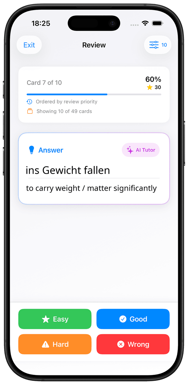 MindCards German C2 vocabulary study interface showing mastery-level flashcards