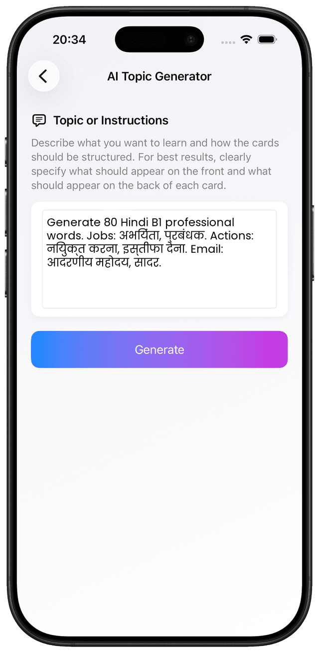 AI prompt for Hindi B1 professional workplace vocabulary for formal Hindi contexts