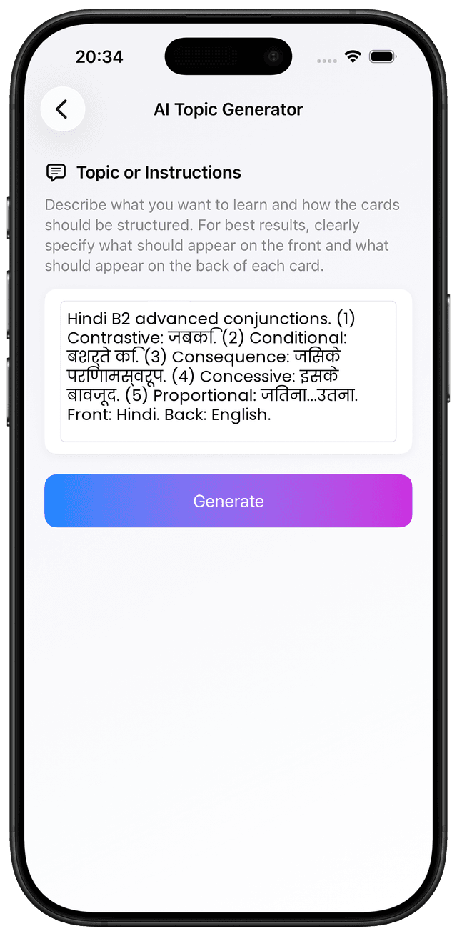 AI prompt for Hindi B2 advanced conjunctions and complex subordinate clause vocabulary
