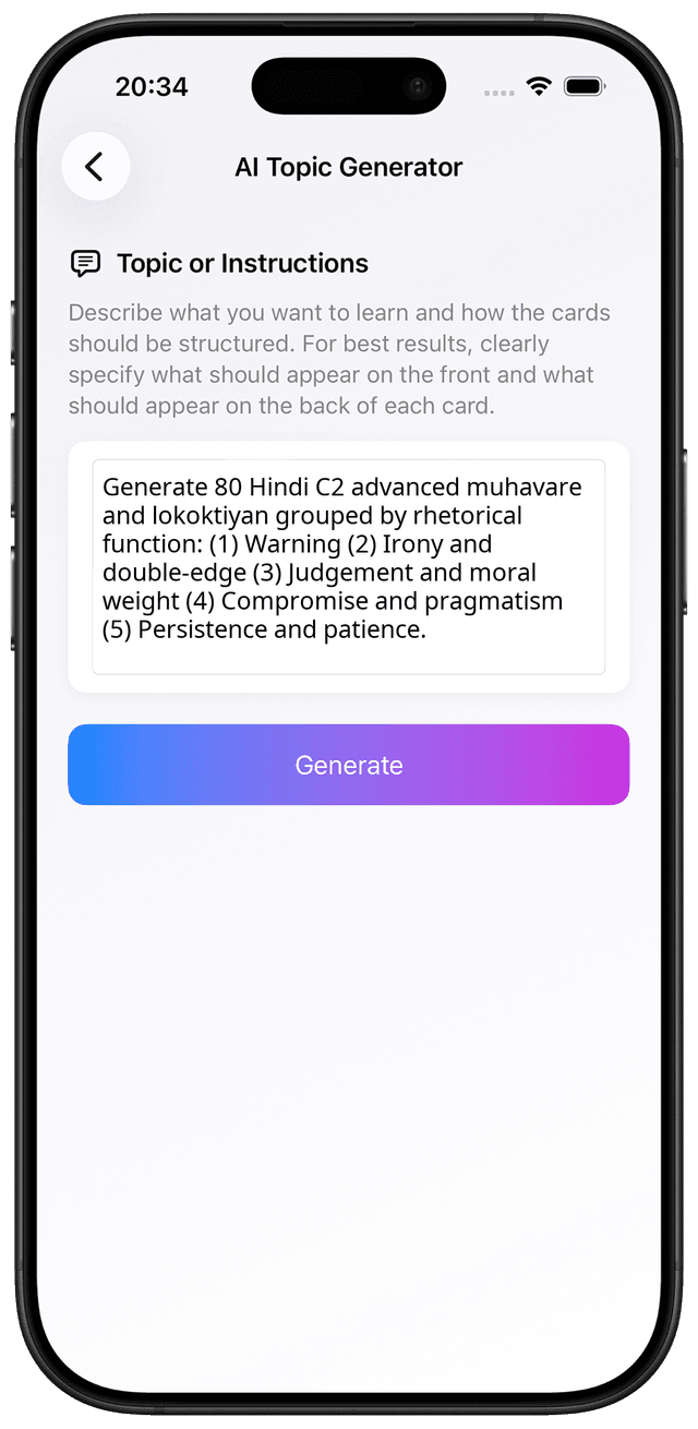 AI prompt for Hindi C2 advanced muhavare and lokoktiyan