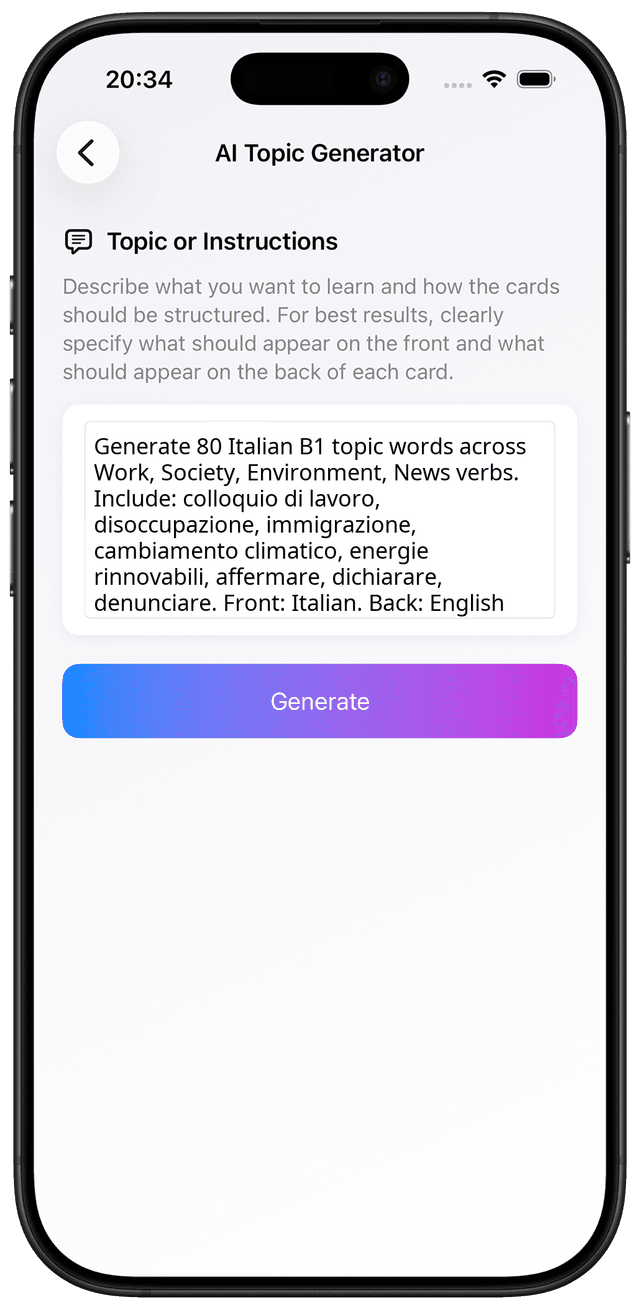 AI prompt for Italian B1 work society current events vocabulary flashcards