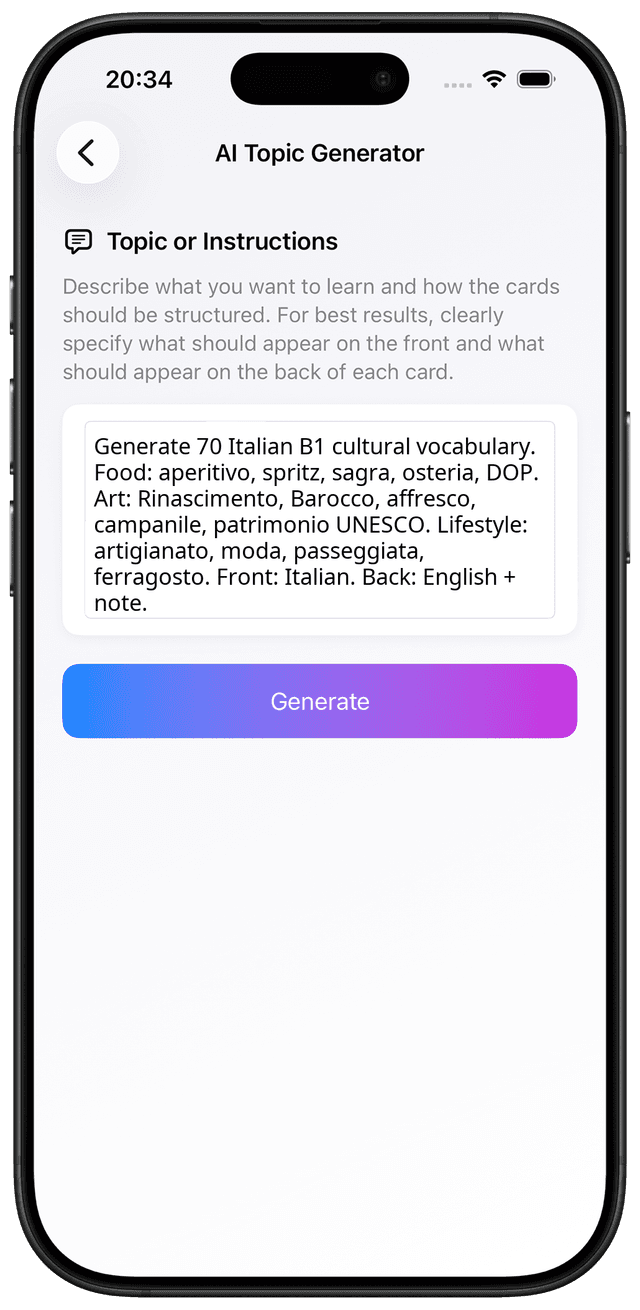 AI prompt for Italian B1 culture food lifestyle vocabulary flashcards