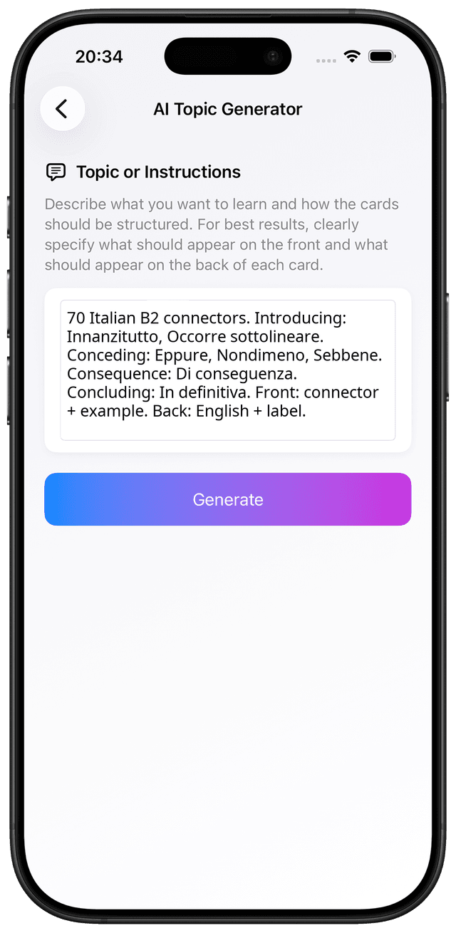 AI prompt for Italian B2 advanced argumentation connectors vocabulary