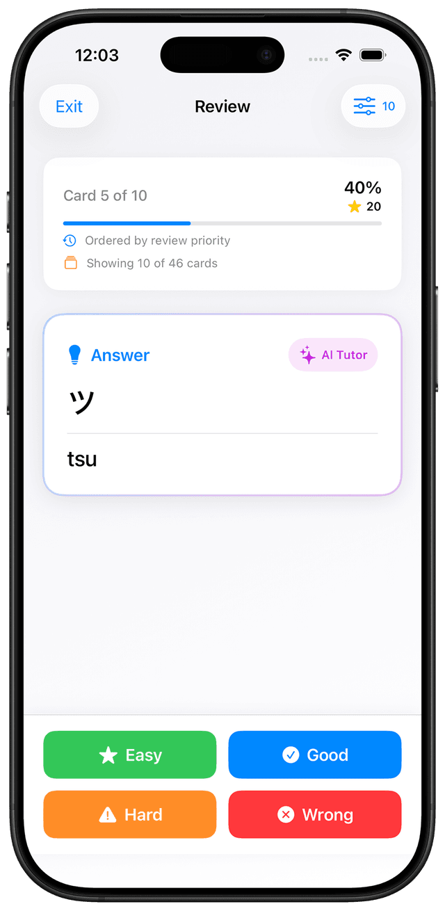 MindCards Japanese learning interface showing katakana study
