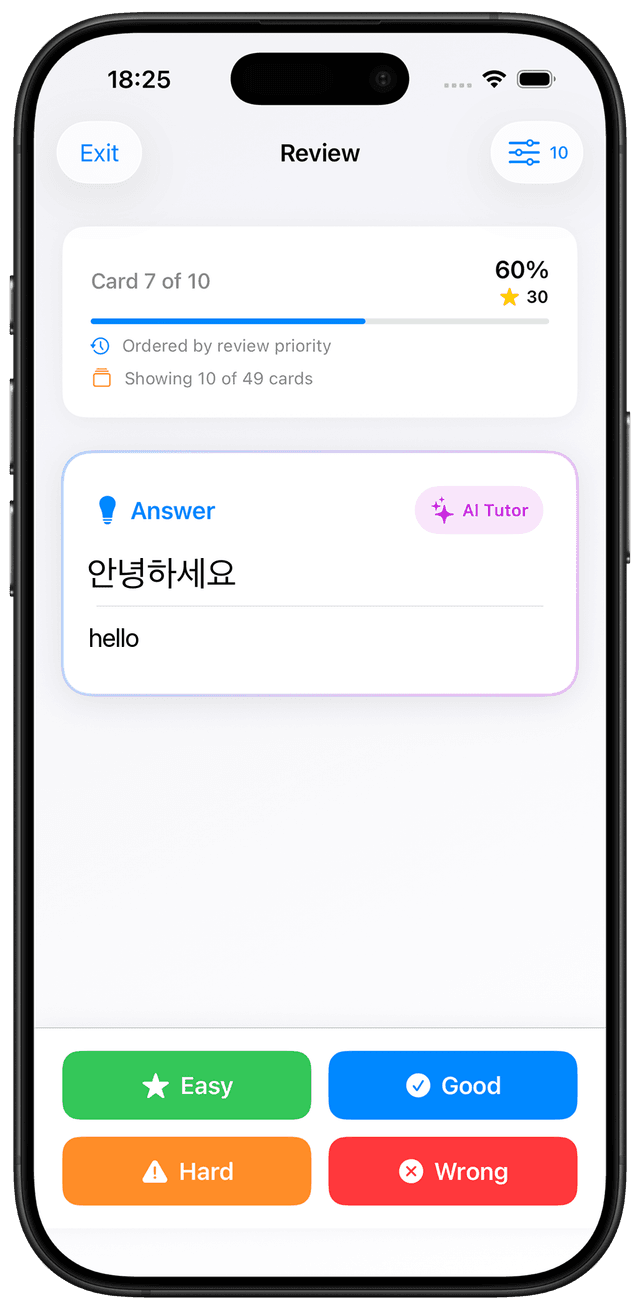 MindCards Korean Hangul study interface