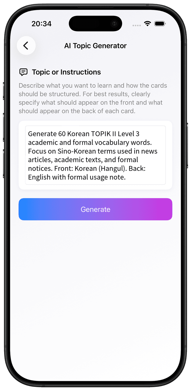 AI prompt for Korean TOPIK II Level 3 academic and formal register vocabulary flashcards