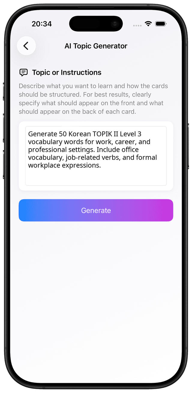 AI prompt for Korean TOPIK II Level 3 workplace career and professional vocabulary flashcards