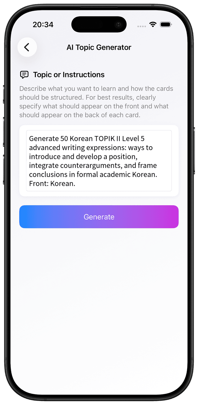 AI prompt for Korean TOPIK II Level 5 advanced writing expressions and essay vocabulary