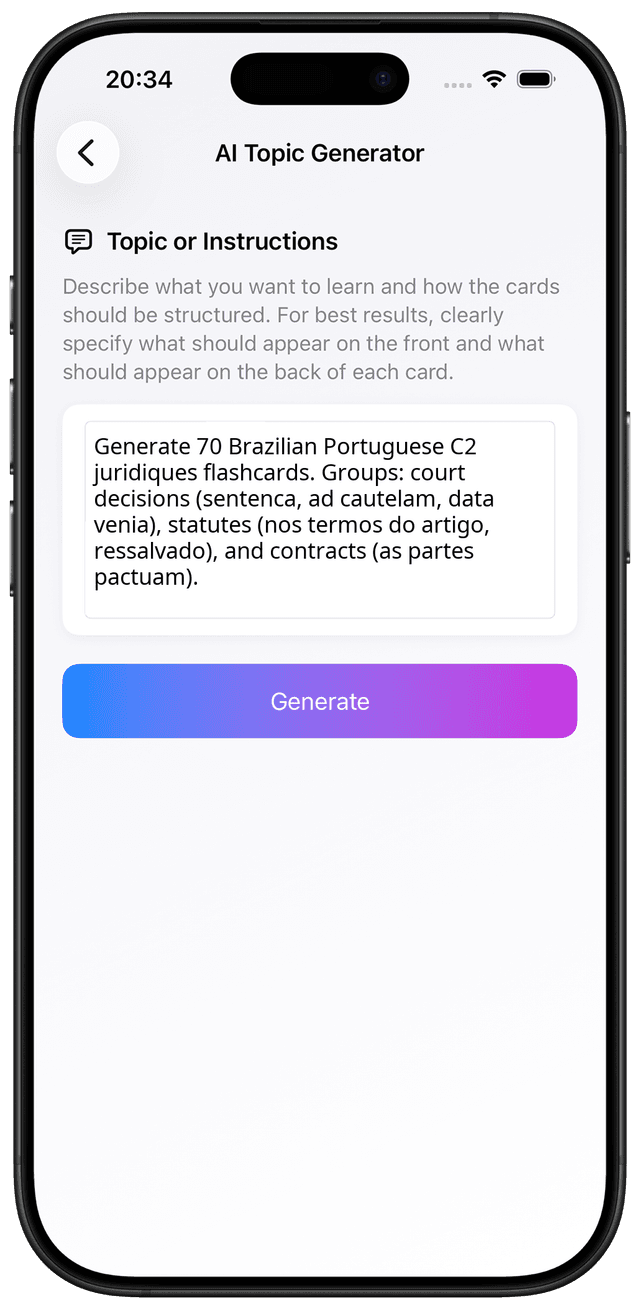 AI prompt for Brazilian Portuguese C2 juridiquês legal language and institutional discourse flashcards