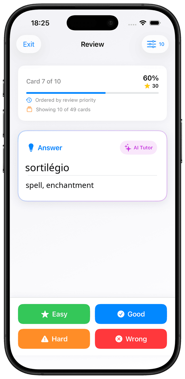 MindCards Brazilian Portuguese C2 vocabulary study interface showing mastery-level flashcards
