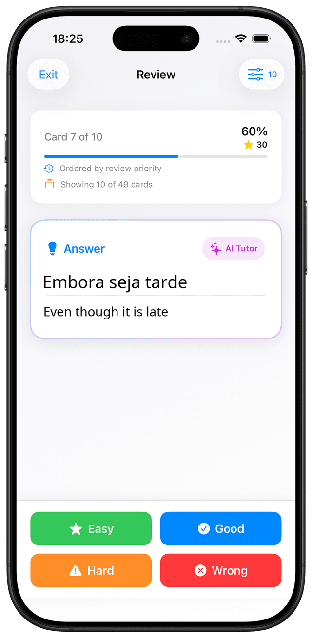 MindCards European Portuguese B1 vocabulary study interface showing Conjuntivo flashcards