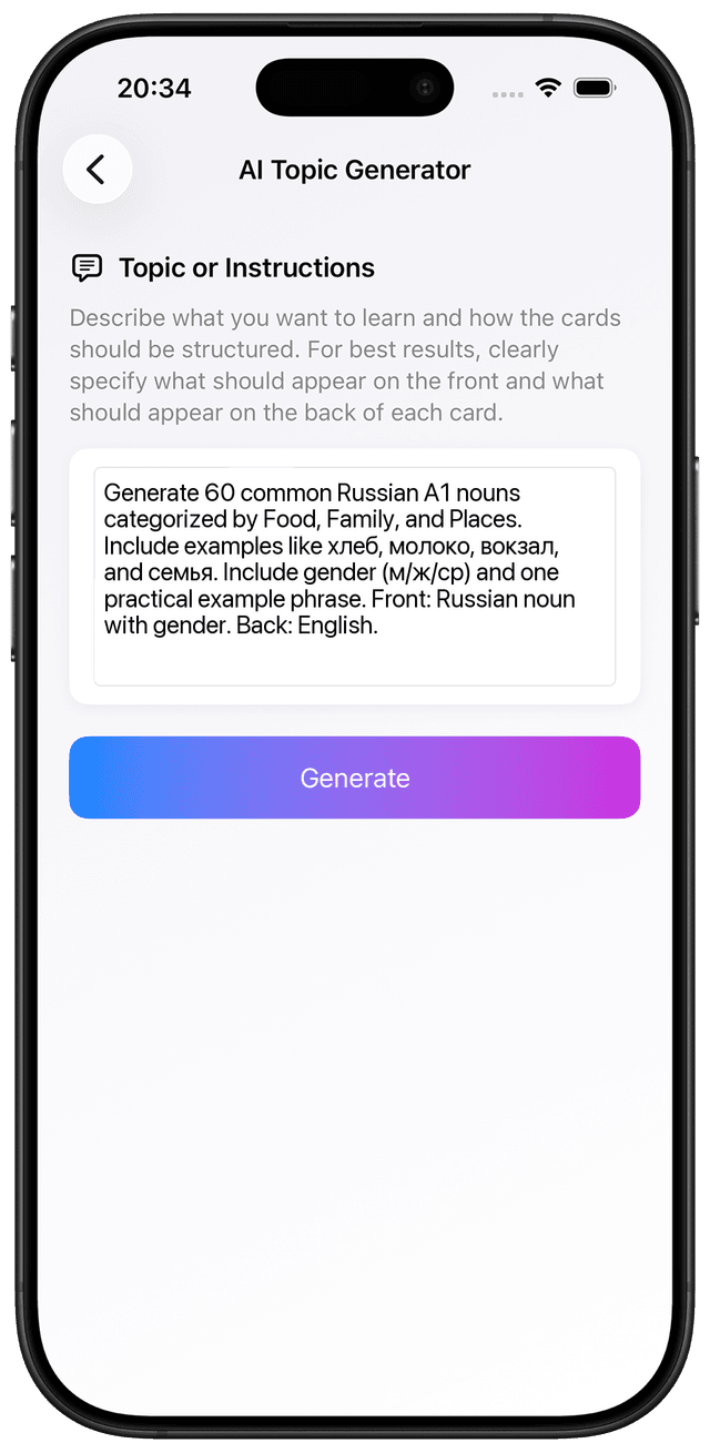 AI prompt for Russian A1 nouns with gender and case hints