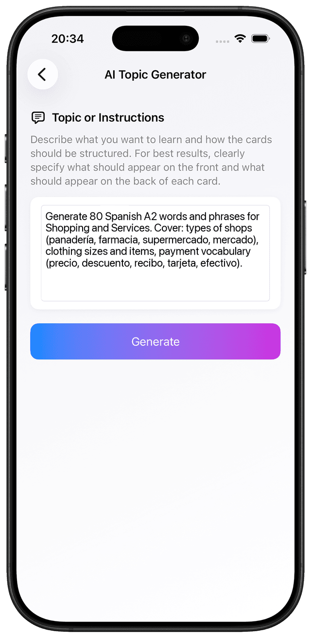 Learning Spanish A2 vocabulary with the AI prompt for shopping, transactions, and services