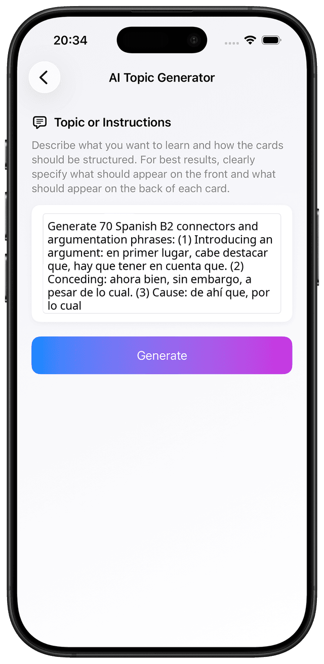 Learning Spanish B2 vocabulary with the AI prompt for advanced argumentation connectors