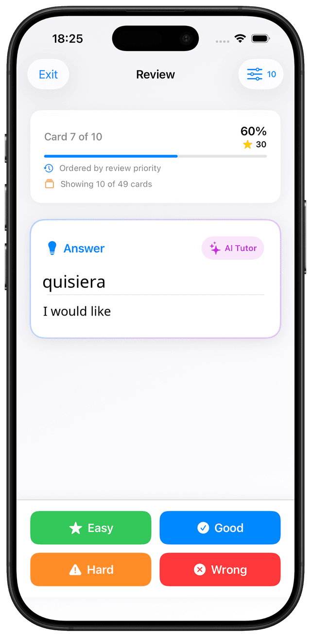 MindCards Spanish B2 vocabulary study interface showing advanced grammar flashcards