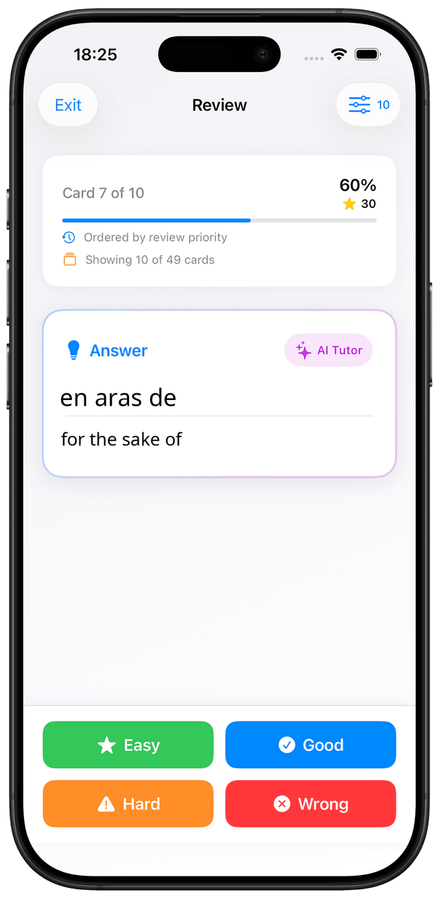 MindCards Spanish C1 vocabulary study interface showing advanced proficiency flashcards